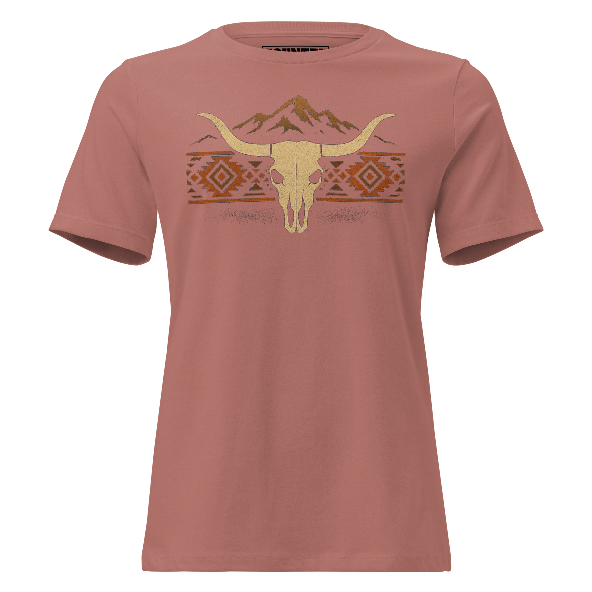 Women's t-shirt with mountains, bull skull, and Aztec pattern graphic #mauve