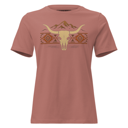 Women's t-shirt with mountains, bull skull, and Aztec pattern graphic #mauve