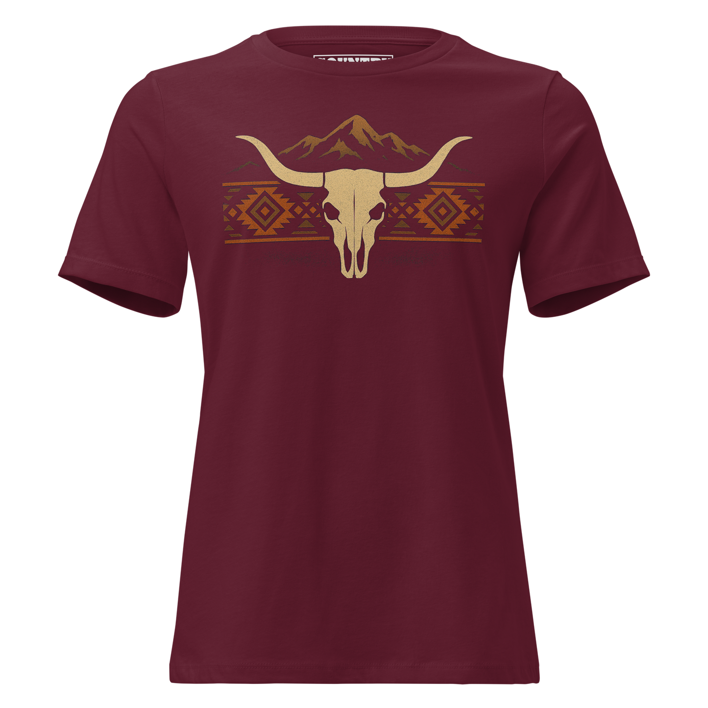 Women's t-shirt with mountains, bull skull, and Aztec pattern graphic #maroon