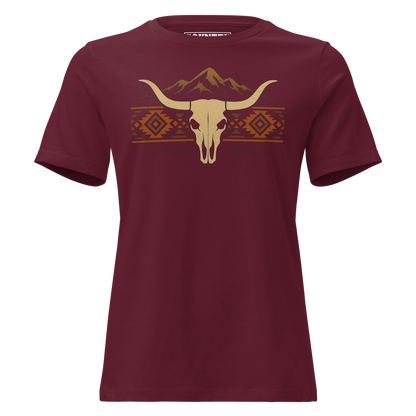 Women's t-shirt with mountains, bull skull, and Aztec pattern graphic #maroon