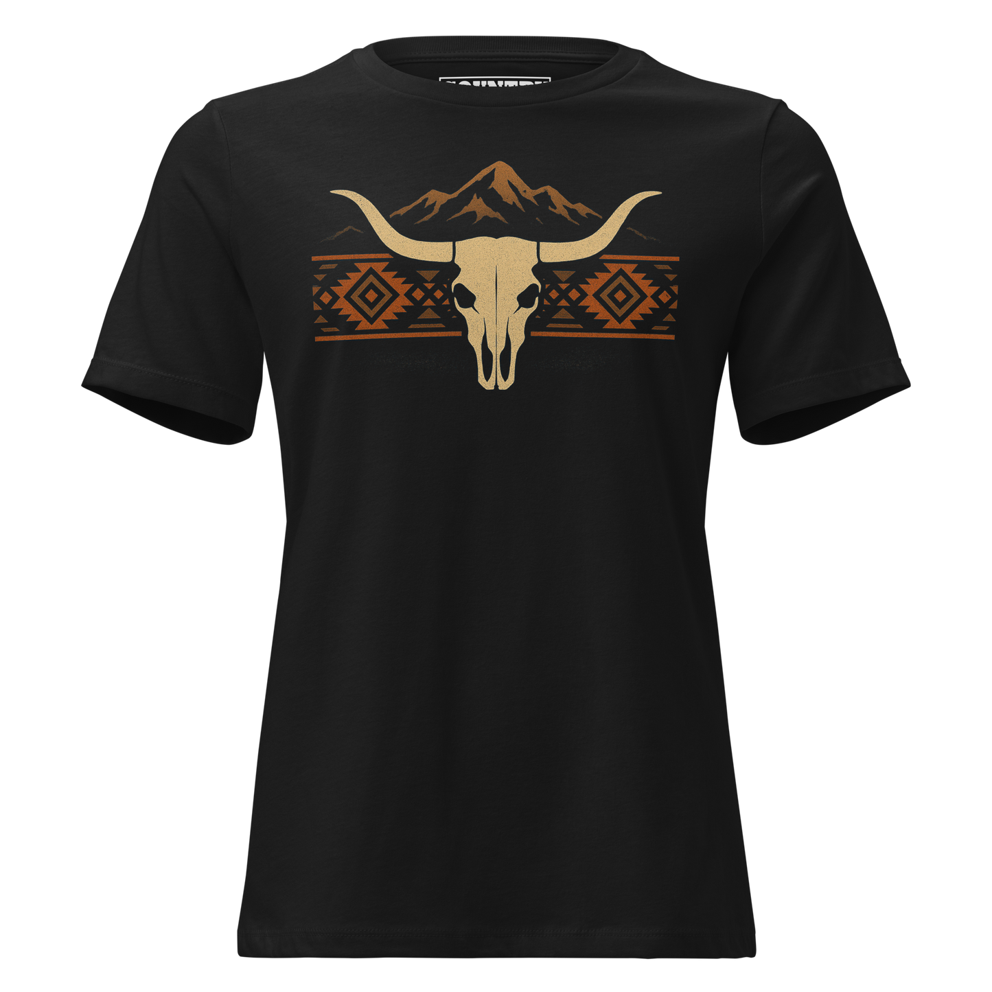Women's t-shirt with mountains, bull skull, and Aztec pattern graphic #black