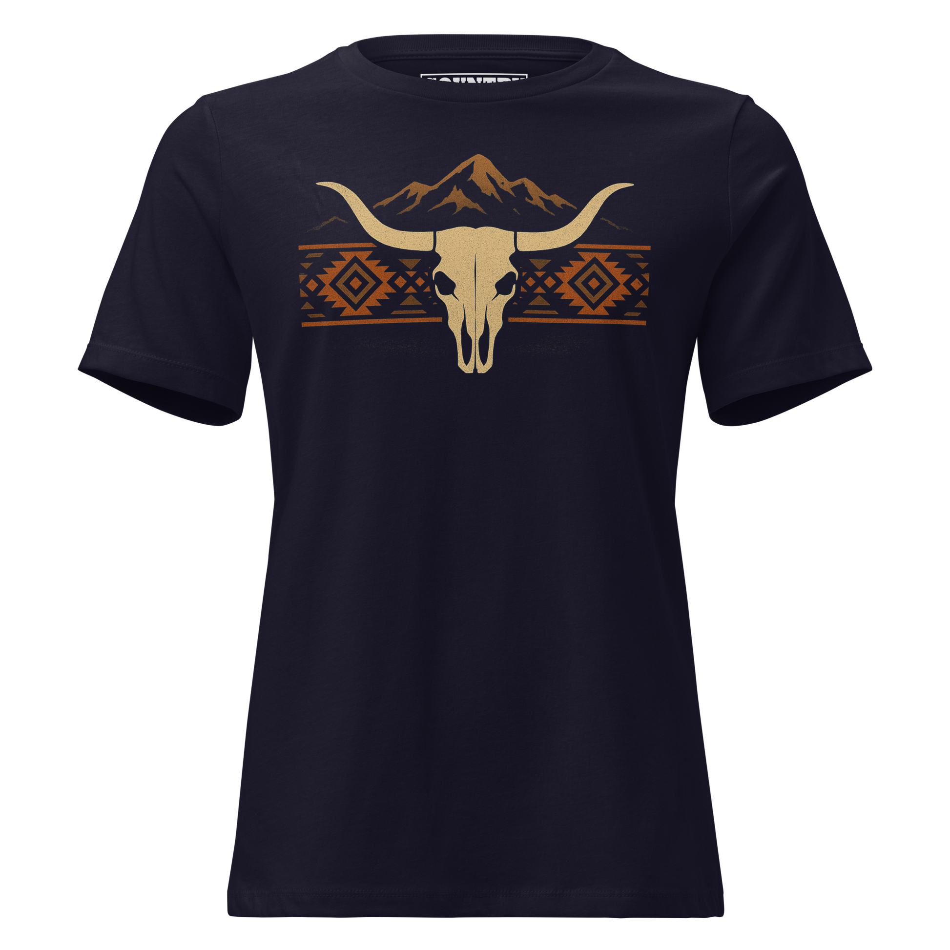 Women's t-shirt with mountains, bull skull, and Aztec pattern graphic #navy