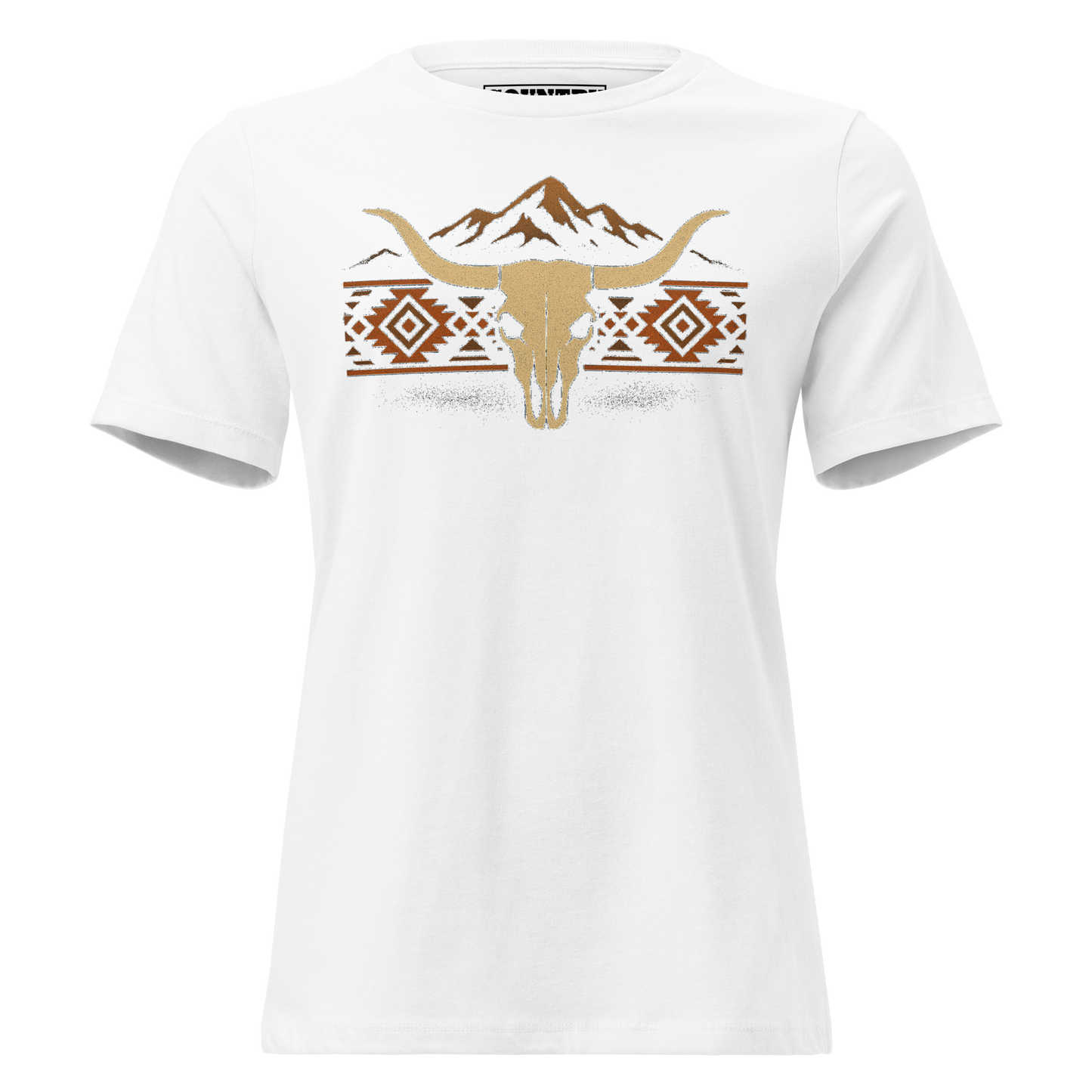 Women's t-shirt with mountains, bull skull, and Aztec pattern graphic #white