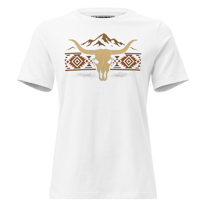 Women's t-shirt with mountains, bull skull, and Aztec pattern graphic #white