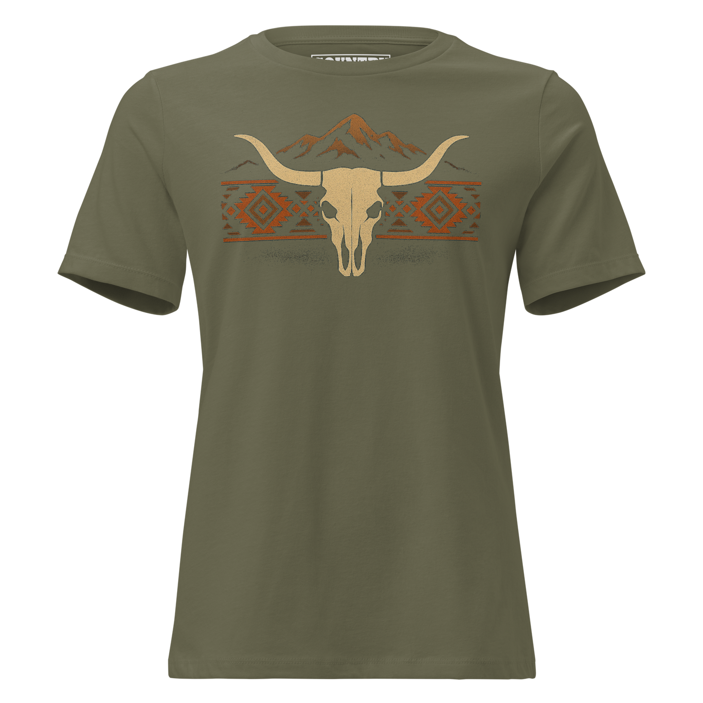 Women's t-shirt with mountains, bull skull, and Aztec pattern graphic #militarygreen