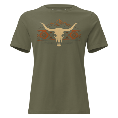 Women's t-shirt with mountains, bull skull, and Aztec pattern graphic #militarygreen