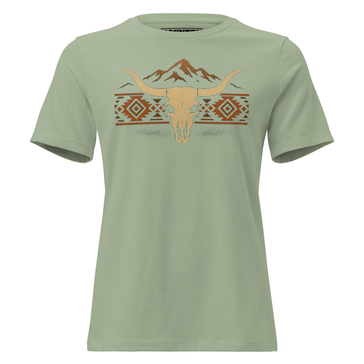 Women's t-shirt with mountains, bull skull, and Aztec pattern graphic #sage