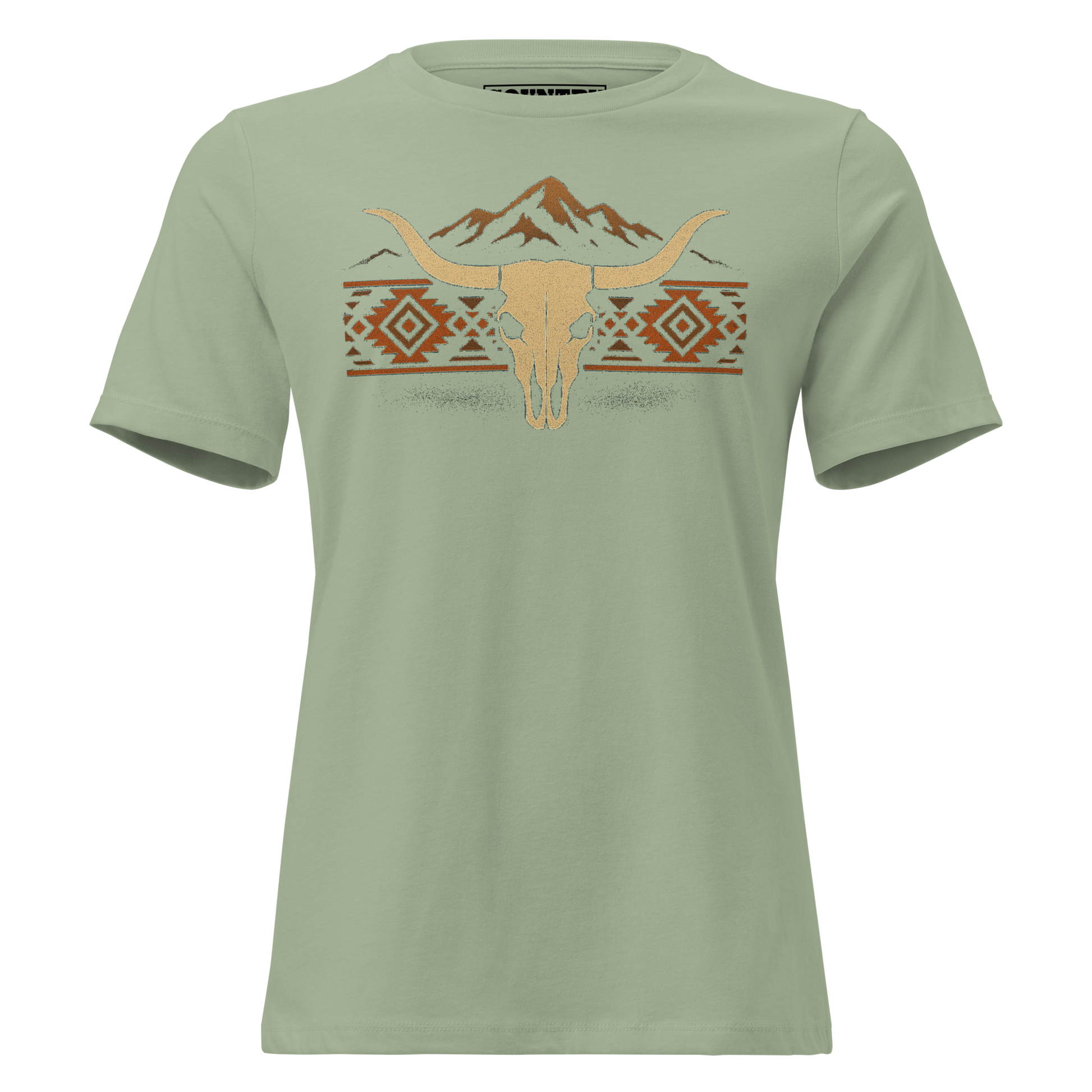 Women's t-shirt with mountains, bull skull, and Aztec pattern graphic #sage