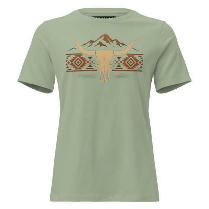 Women's t-shirt with mountains, bull skull, and Aztec pattern graphic #sage