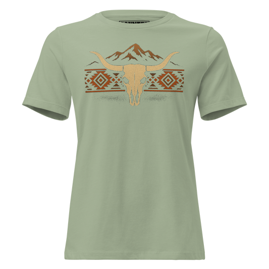 Women's t-shirt with mountains, bull skull, and Aztec pattern graphic #sage