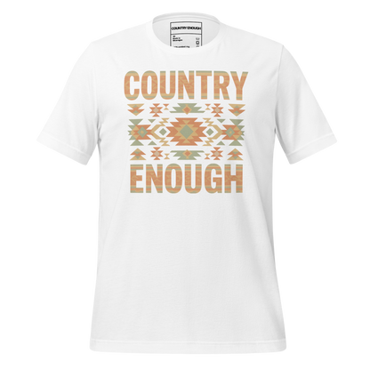 White t-shirt with a stand alone aztec pattern and the pattern used as the color for the words country enough #white