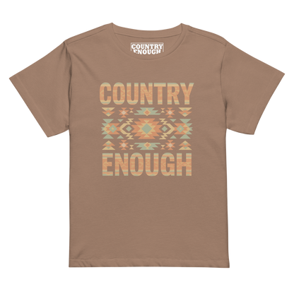 Women's high waist t-shirt with a stand alone aztec pattern and the pattern used as the color for the words country enough #latte