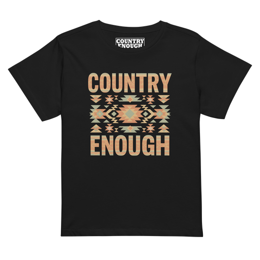 Women's high waist t-shirt with a stand alone aztec pattern and the pattern used as the color for the words country enough #black