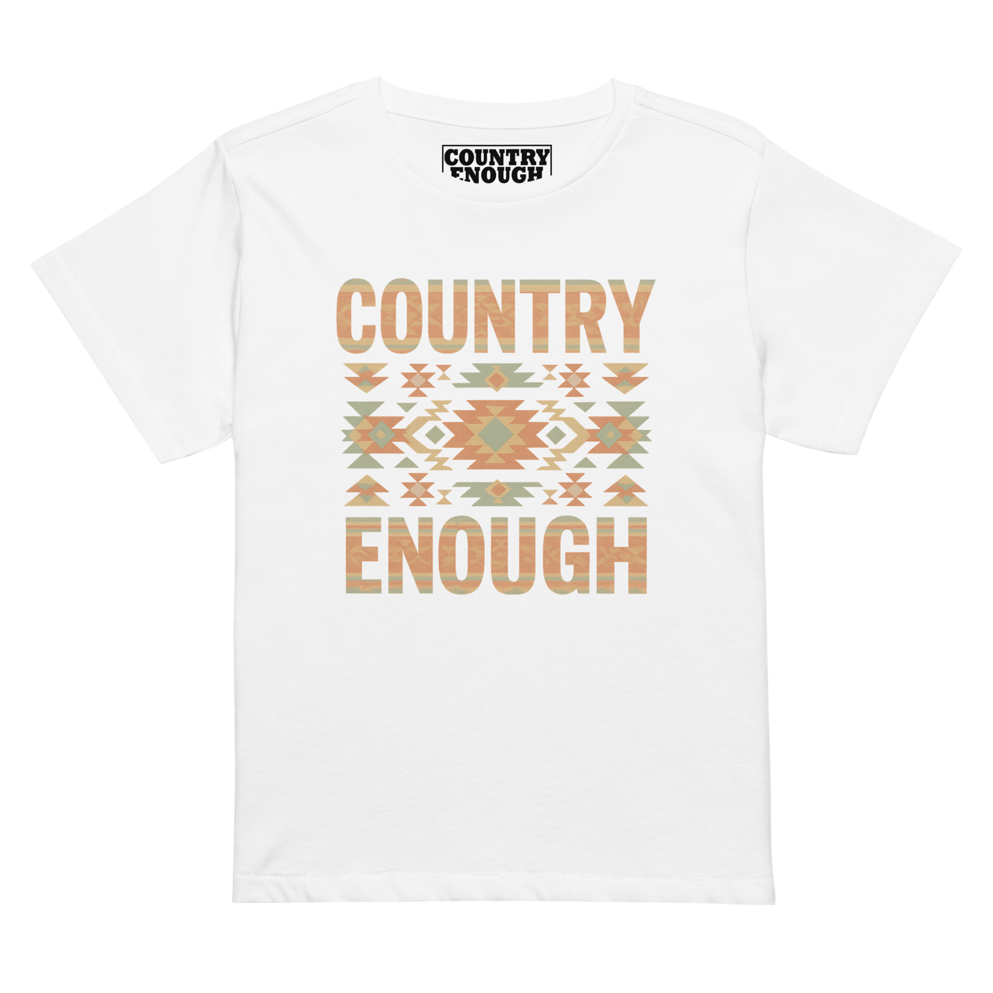 Women's high waist t-shirt with a stand alone aztec pattern and the pattern used as the color for the words country enough #white