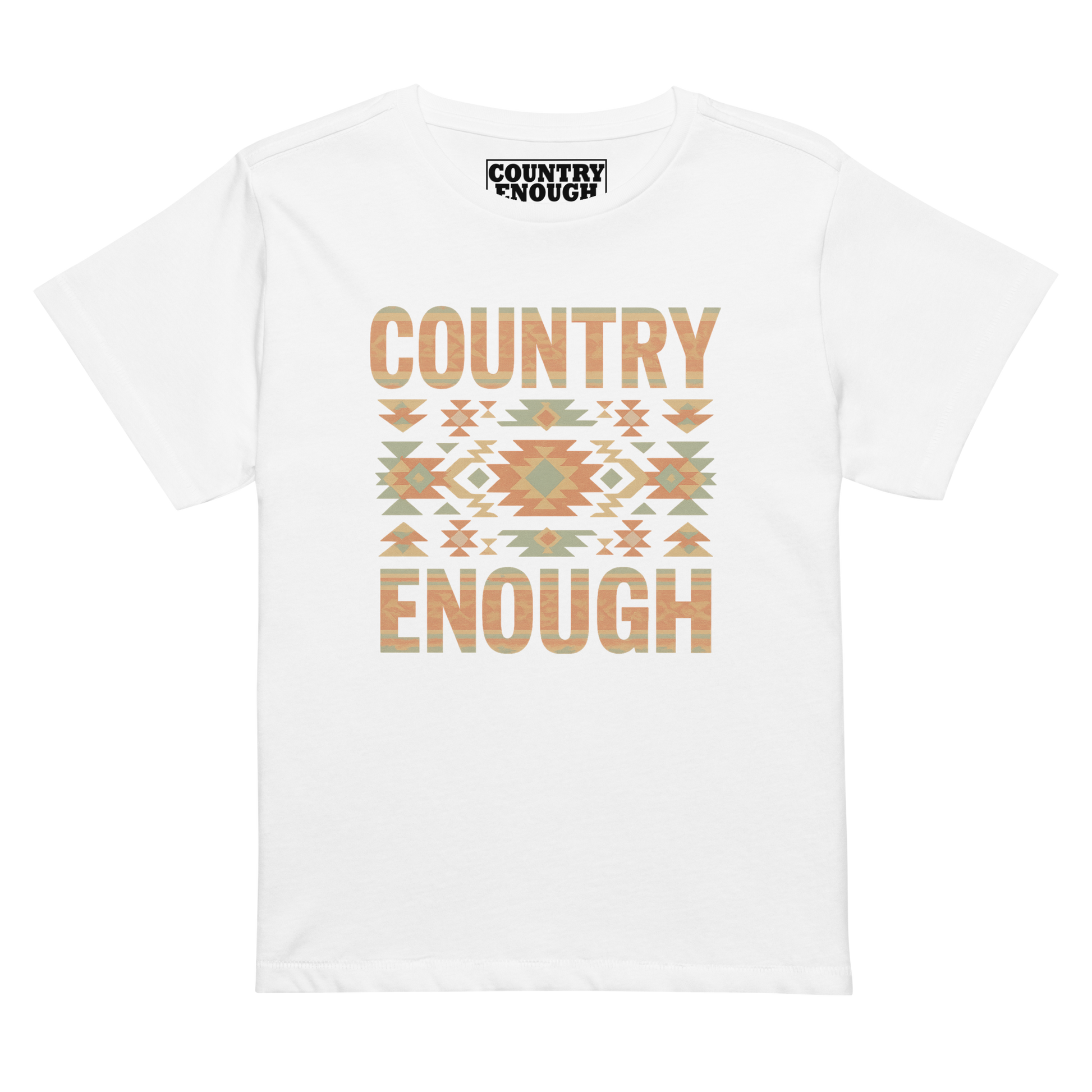 Women's high waist t-shirt with a stand alone aztec pattern and the pattern used as the color for the words country enough #white