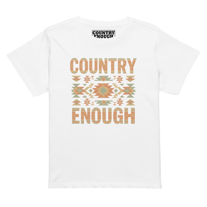 Women's high waist t-shirt with a stand alone aztec pattern and the pattern used as the color for the words country enough #white