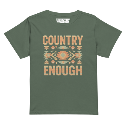 Women's high waist t-shirt with a stand alone aztec pattern and the pattern used as the color for the words country enough #pine