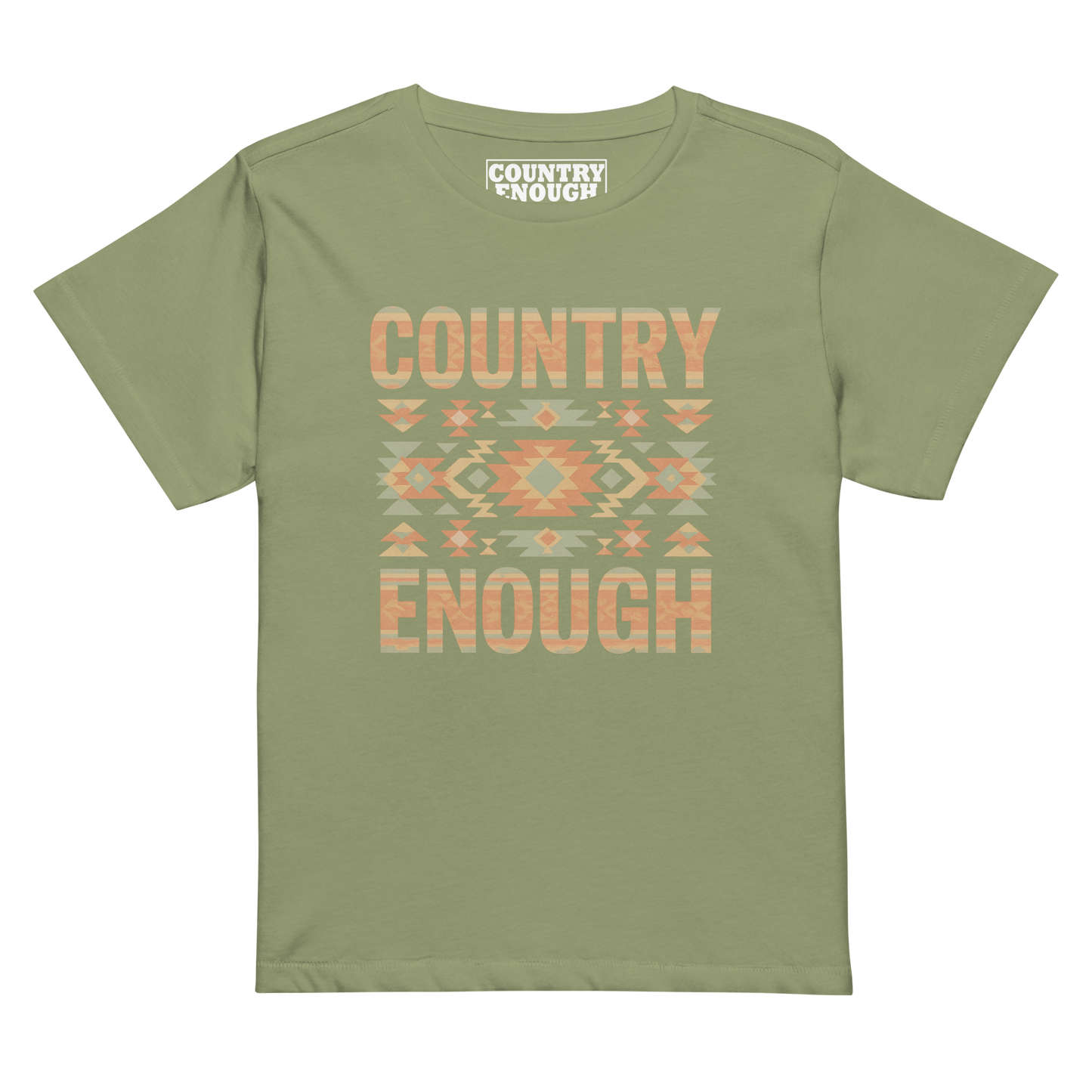 Women's high waist t-shirt with a stand alone aztec pattern and the pattern used as the color for the words country enough #artichoke