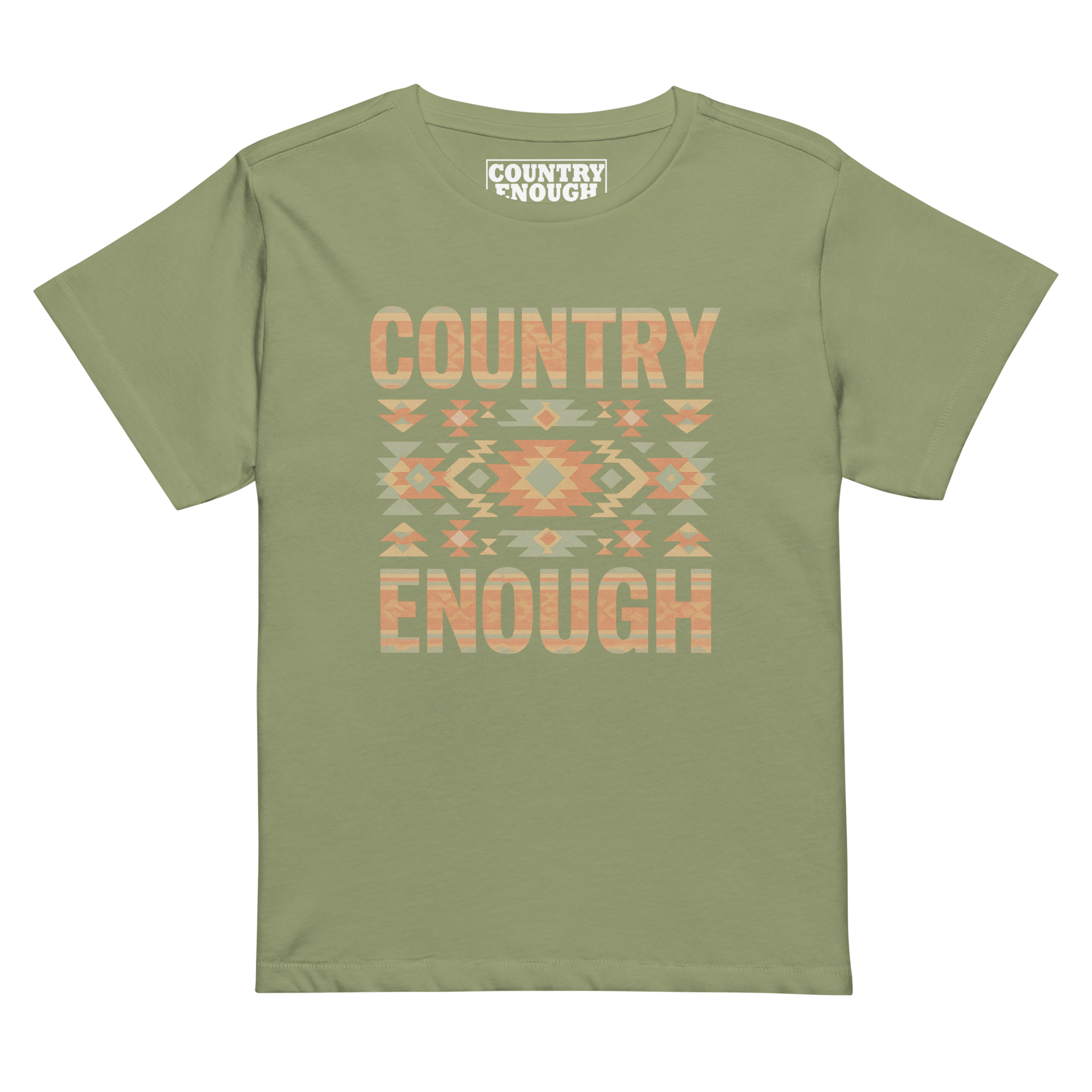 Women's high waist t-shirt with a stand alone aztec pattern and the pattern used as the color for the words country enough #artichoke