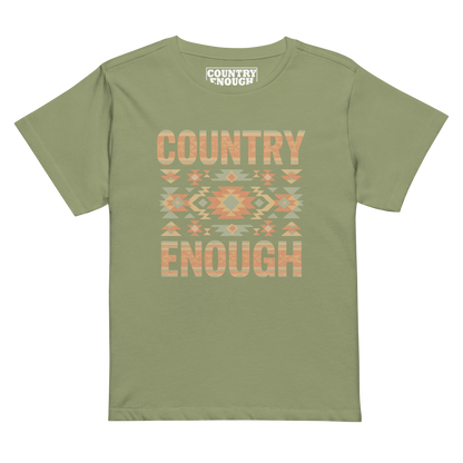 Women's high waist t-shirt with a stand alone aztec pattern and the pattern used as the color for the words country enough #artichoke
