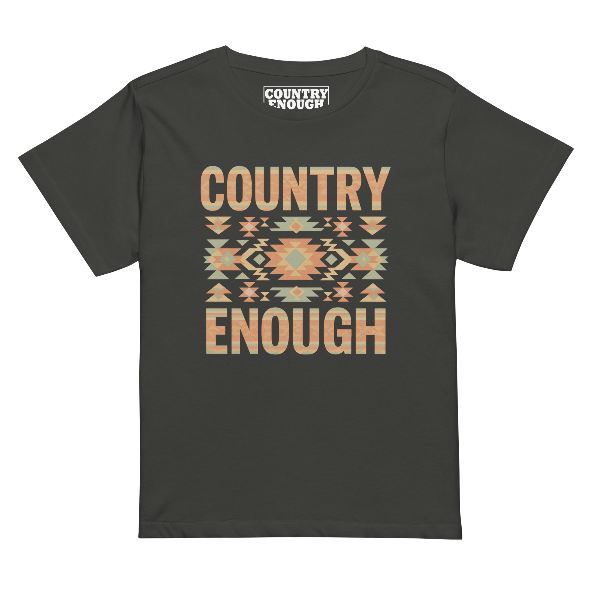 Women's high waist t-shirt with a stand alone aztec pattern and the pattern used as the color for the words country enough #vintageblack