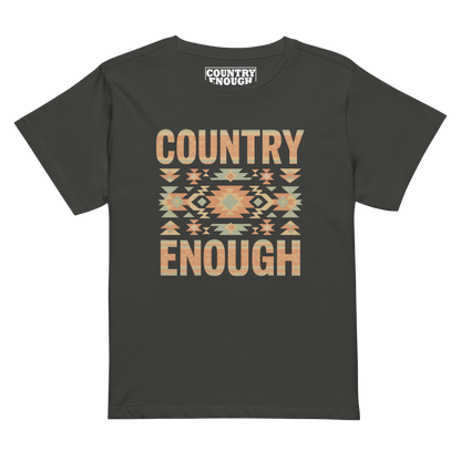 Women's high waist t-shirt with a stand alone aztec pattern and the pattern used as the color for the words country enough #vintageblack