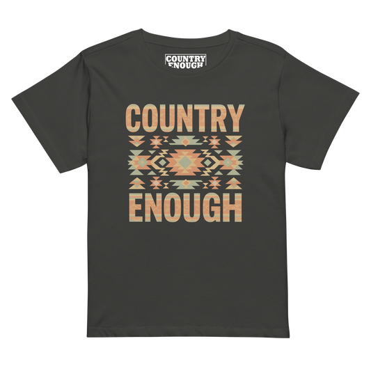 Women's high waist t-shirt with a stand alone aztec pattern and the pattern used as the color for the words country enough #vintageblack