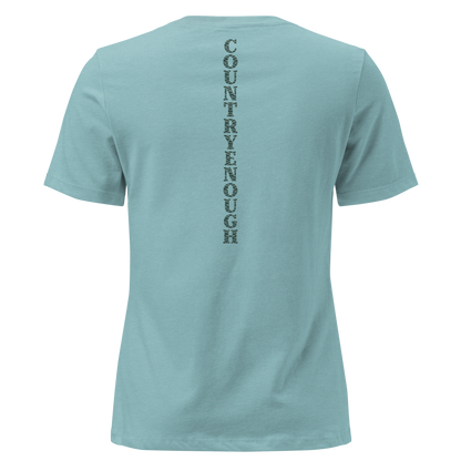 Heather Blue Lagoon t-shirt with dark green bull skull and mirrored cacti on a desert landscape #heatherbluelagoon
