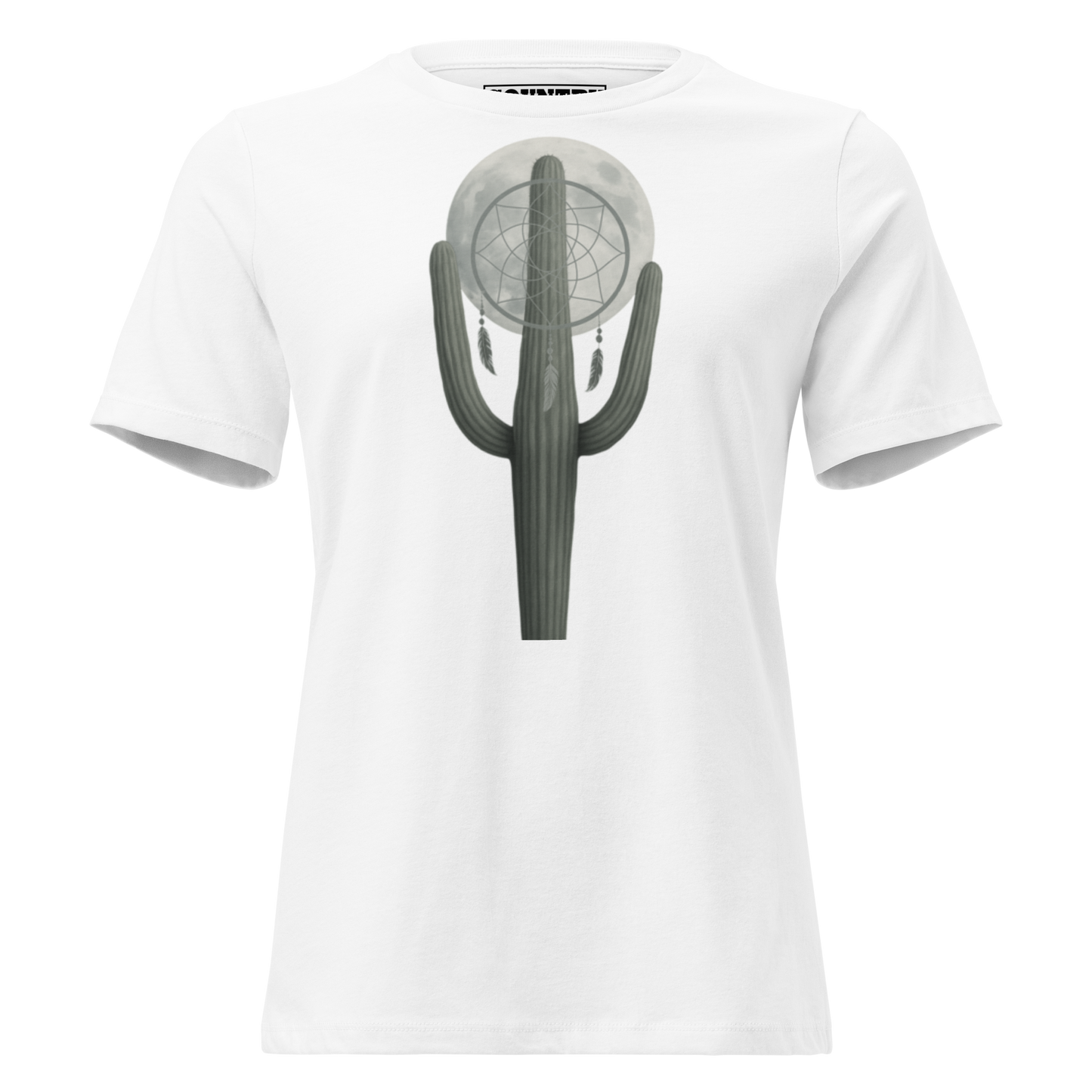 Women's t-shirt with graphic of cactus, moon, and dreamcatcher #white