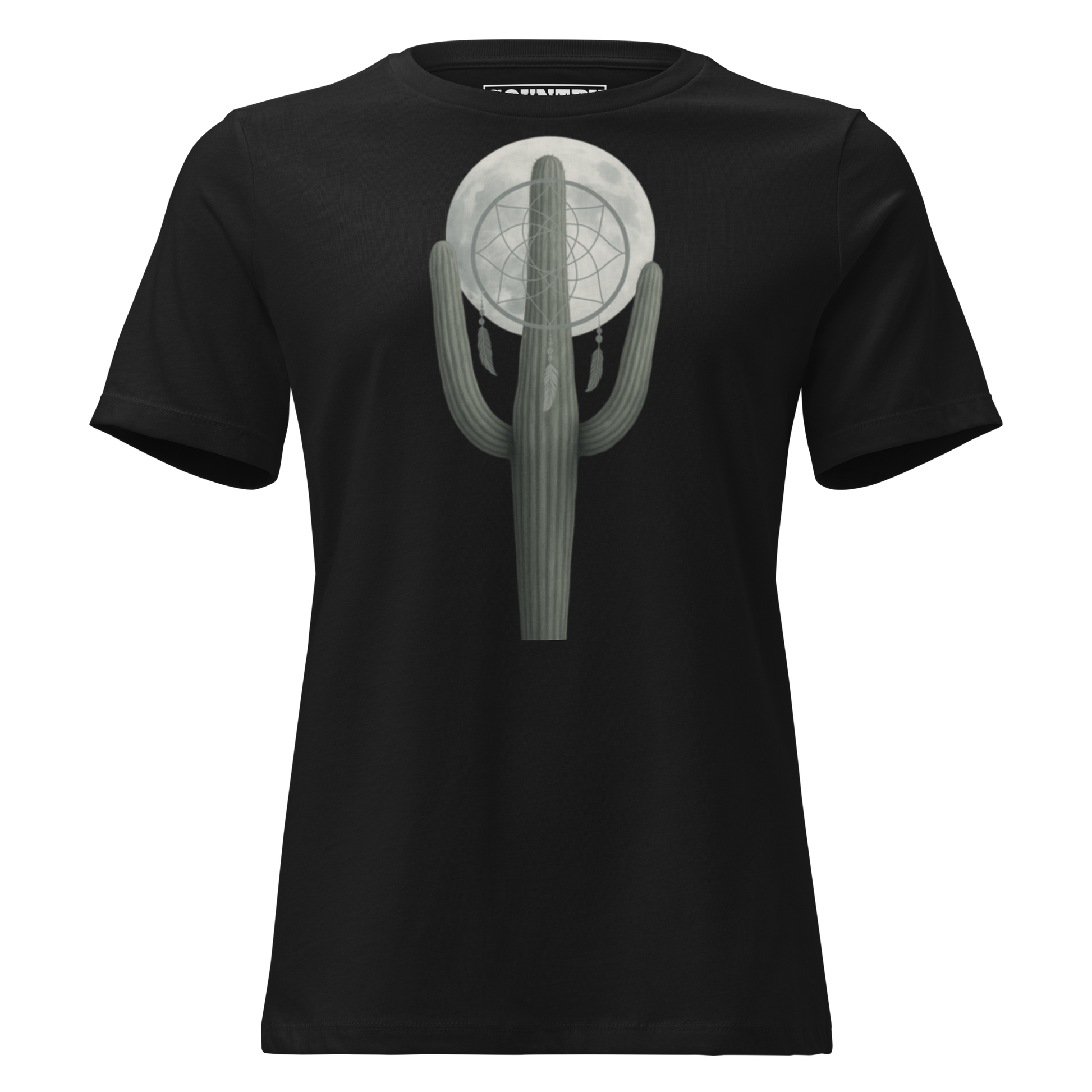 Women's t-shirt with graphic of cactus, moon, and dreamcatcher #black