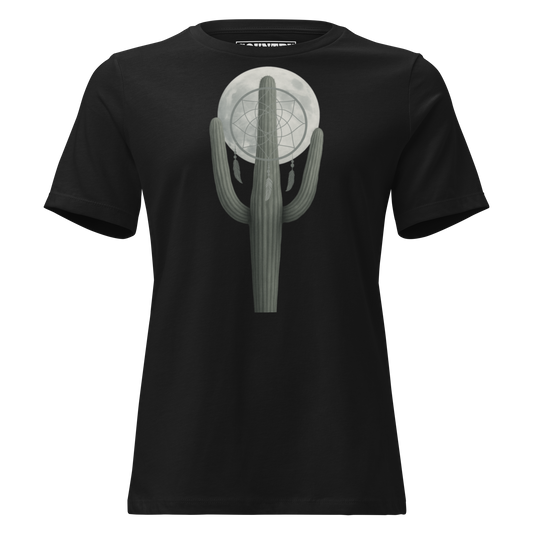 Women's t-shirt with graphic of cactus, moon, and dreamcatcher #black