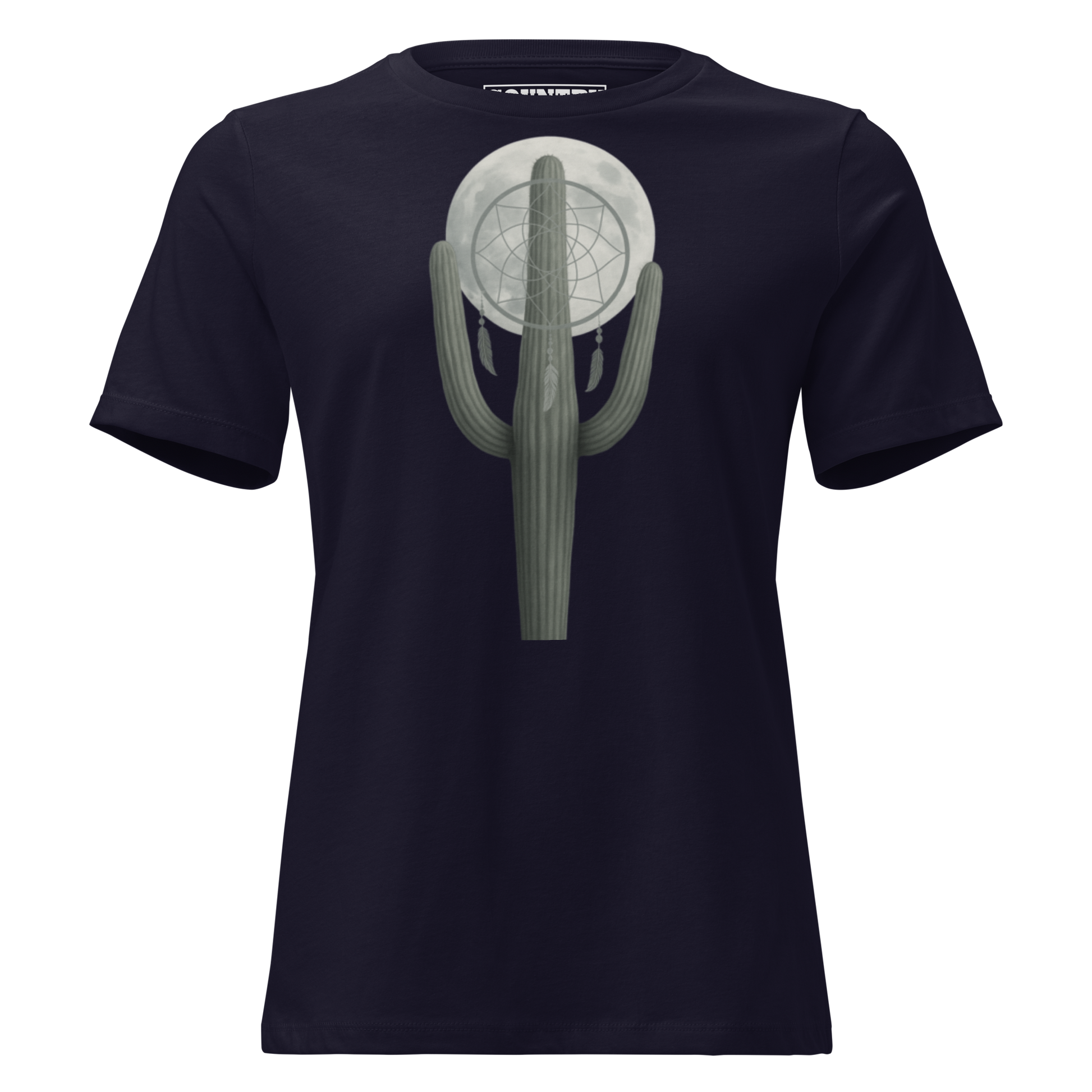 Women's t-shirt with graphic of cactus, moon, and dreamcatcher #navy