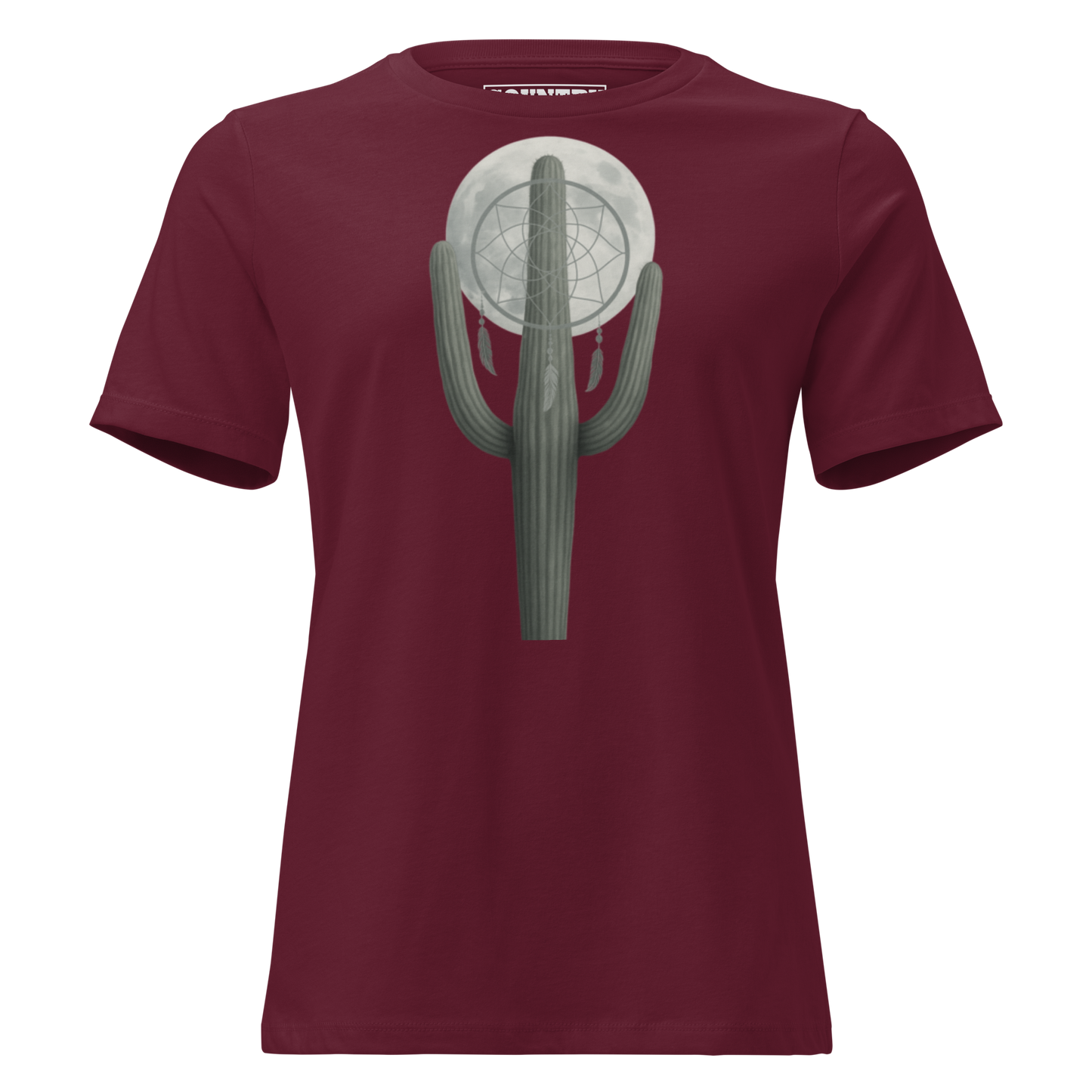 Women's t-shirt with graphic of cactus, moon, and dreamcatcher #maroon
