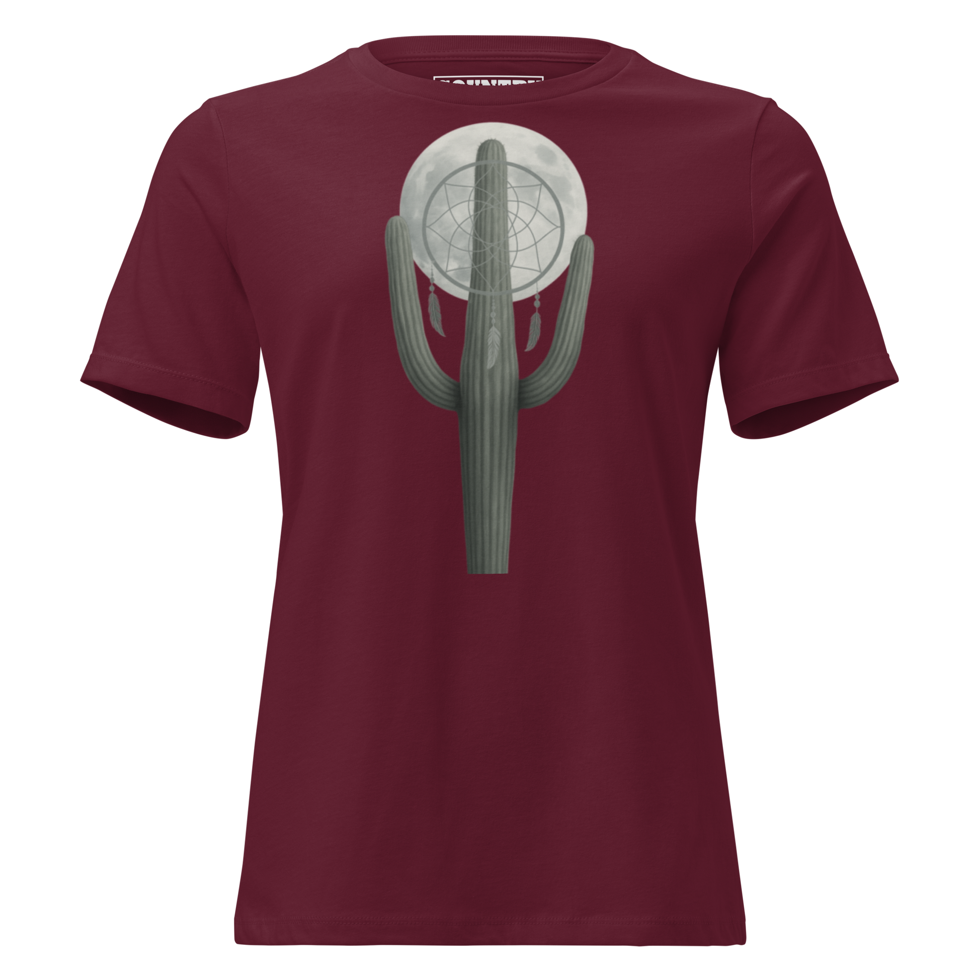Women's t-shirt with graphic of cactus, moon, and dreamcatcher #maroon