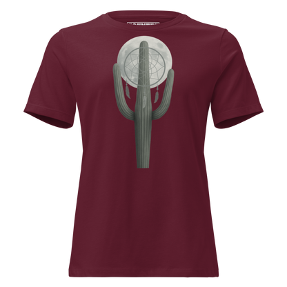 Women's t-shirt with graphic of cactus, moon, and dreamcatcher #maroon