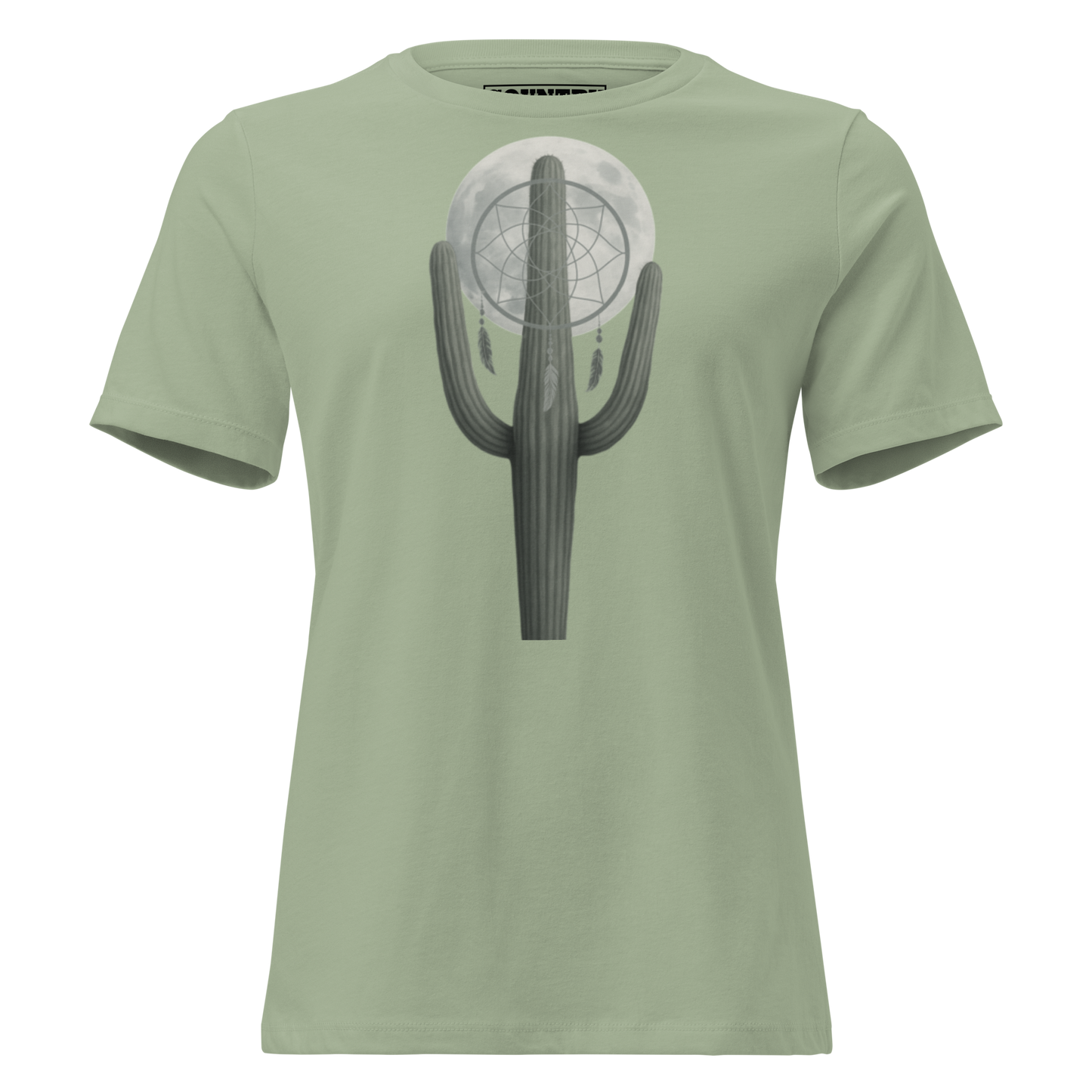 Women's t-shirt with graphic of cactus, moon, and dreamcatcher #sage