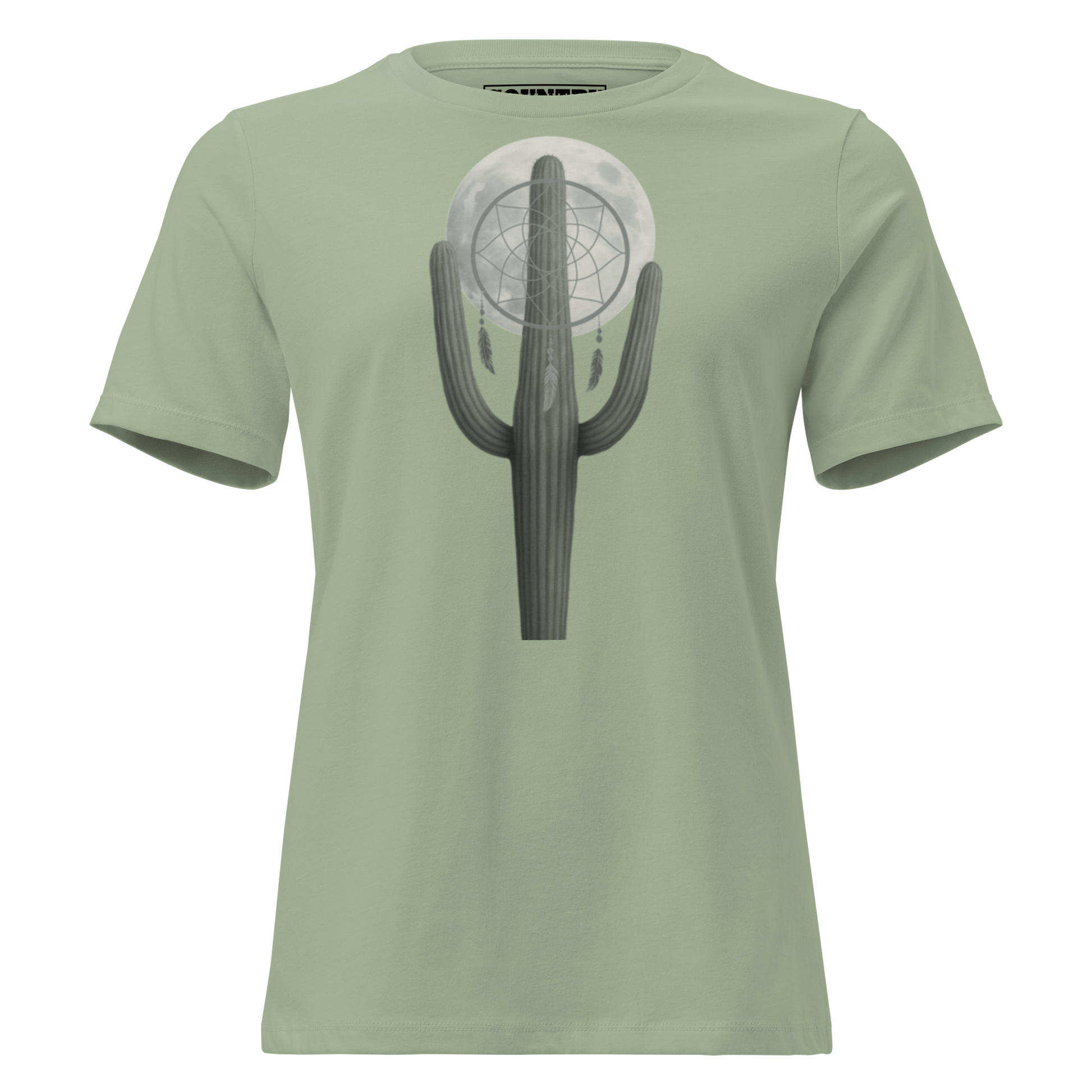 Women's t-shirt with graphic of cactus, moon, and dreamcatcher #sage