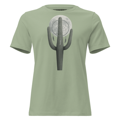 Women's t-shirt with graphic of cactus, moon, and dreamcatcher #sage