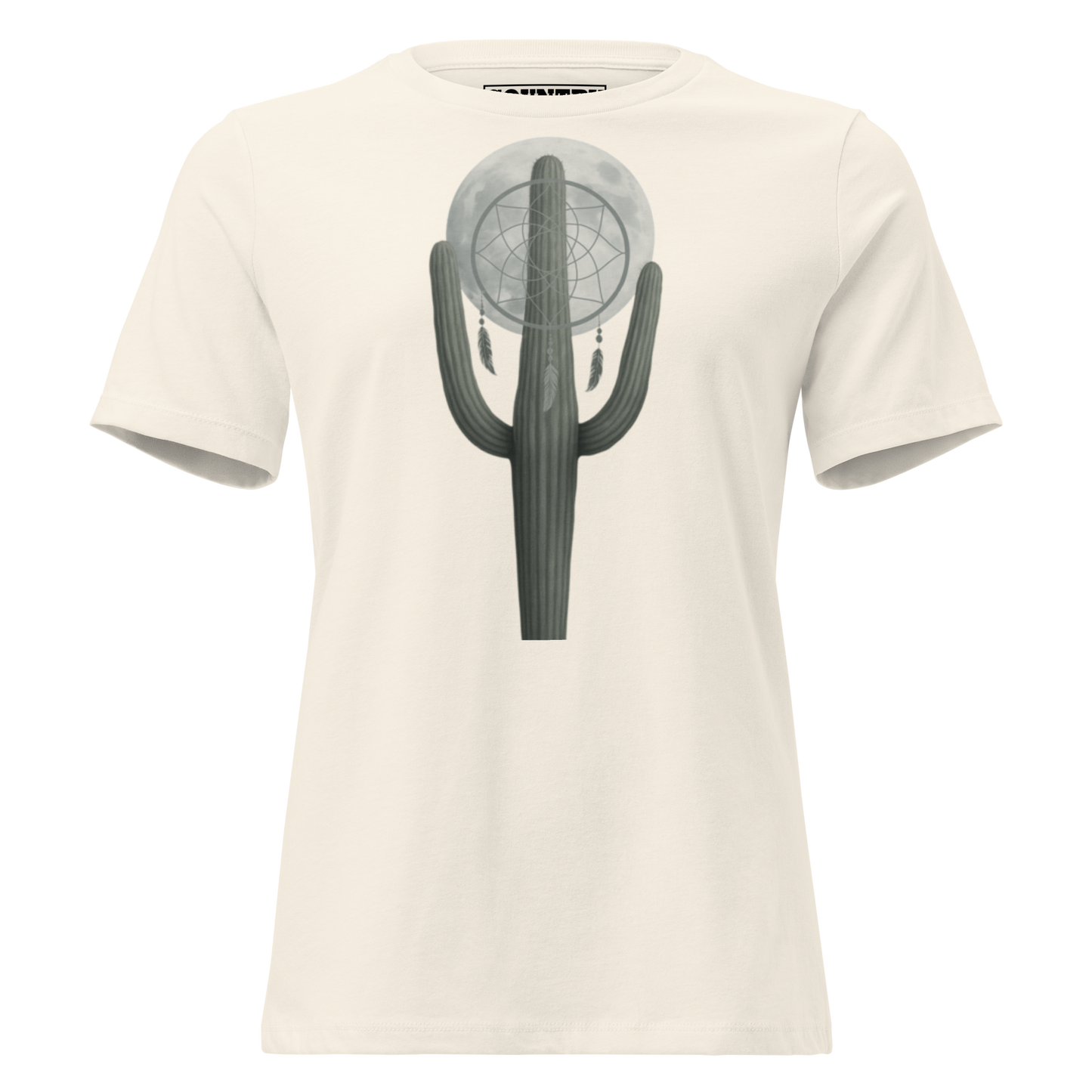 Women's t-shirt with graphic of cactus, moon, and dreamcatcher #natural