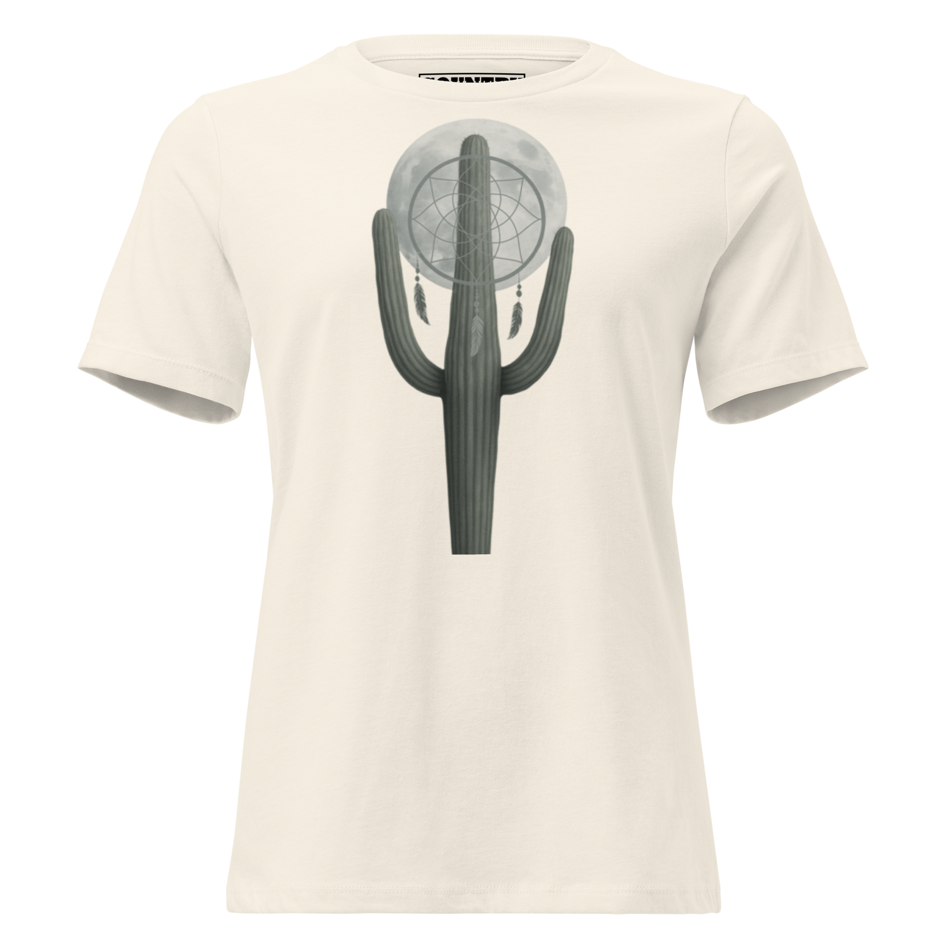 Women's t-shirt with graphic of cactus, moon, and dreamcatcher #natural