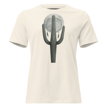Women's t-shirt with graphic of cactus, moon, and dreamcatcher #natural