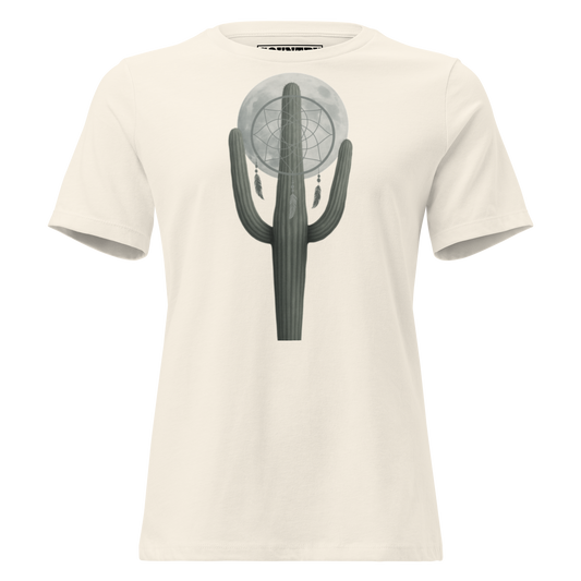 Women's t-shirt with graphic of cactus, moon, and dreamcatcher #natural