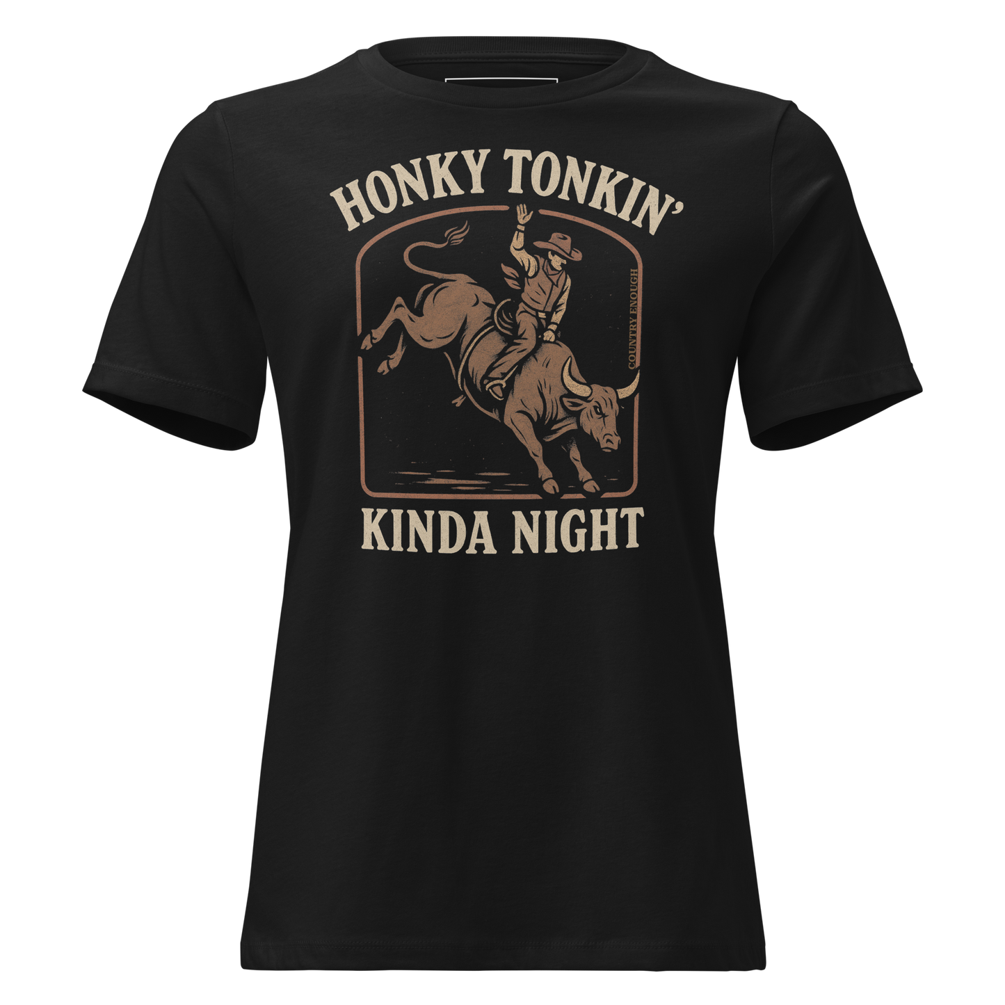 Black t-shirt with graphic of a bull rider on a bucking bull and the words honky tonkin' kinda night #black