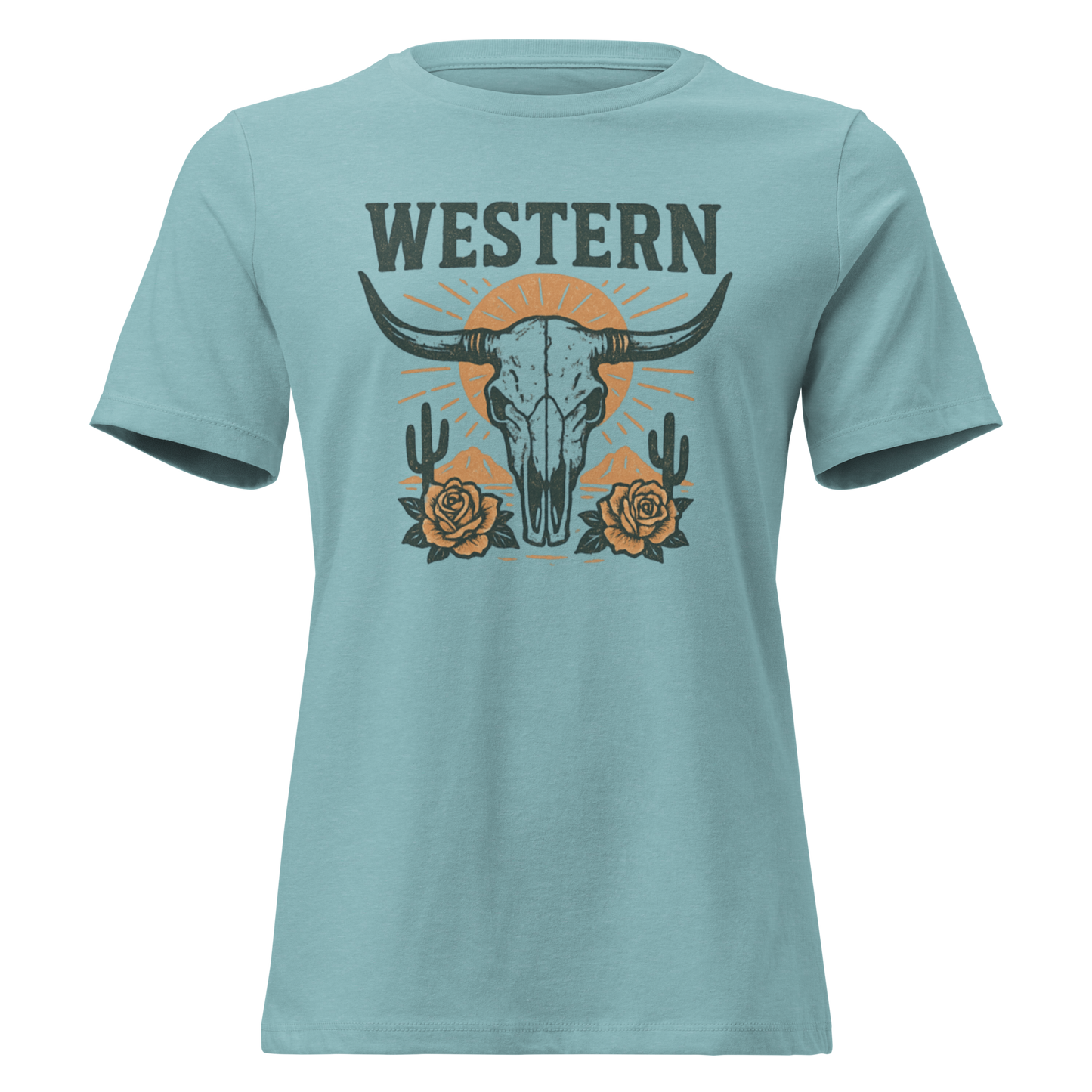 Heather Blue Lagoon t-shirt with graphic of desert landscape, cacti, roses, bull skull and sun. #heatherbluelagoon