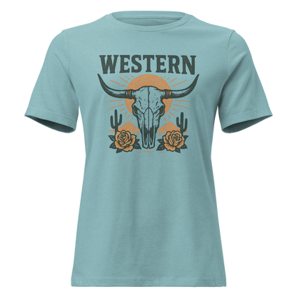 Heather Blue Lagoon t-shirt with graphic of desert landscape, cacti, roses, bull skull and sun. #heatherbluelagoon