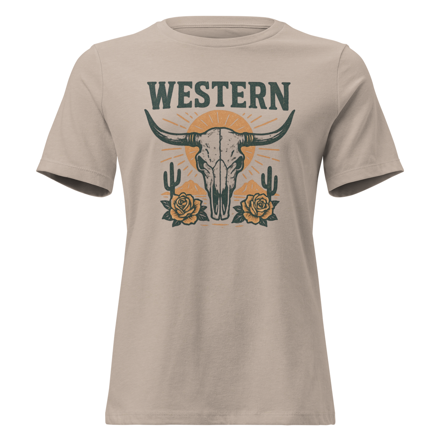 Heather Stone t-shirt with graphic of desert landscape, cacti, roses, bull skull and sun. #heatherstone