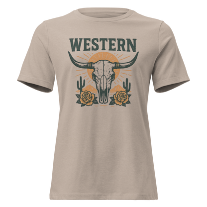 Heather Stone t-shirt with graphic of desert landscape, cacti, roses, bull skull and sun. #heatherstone