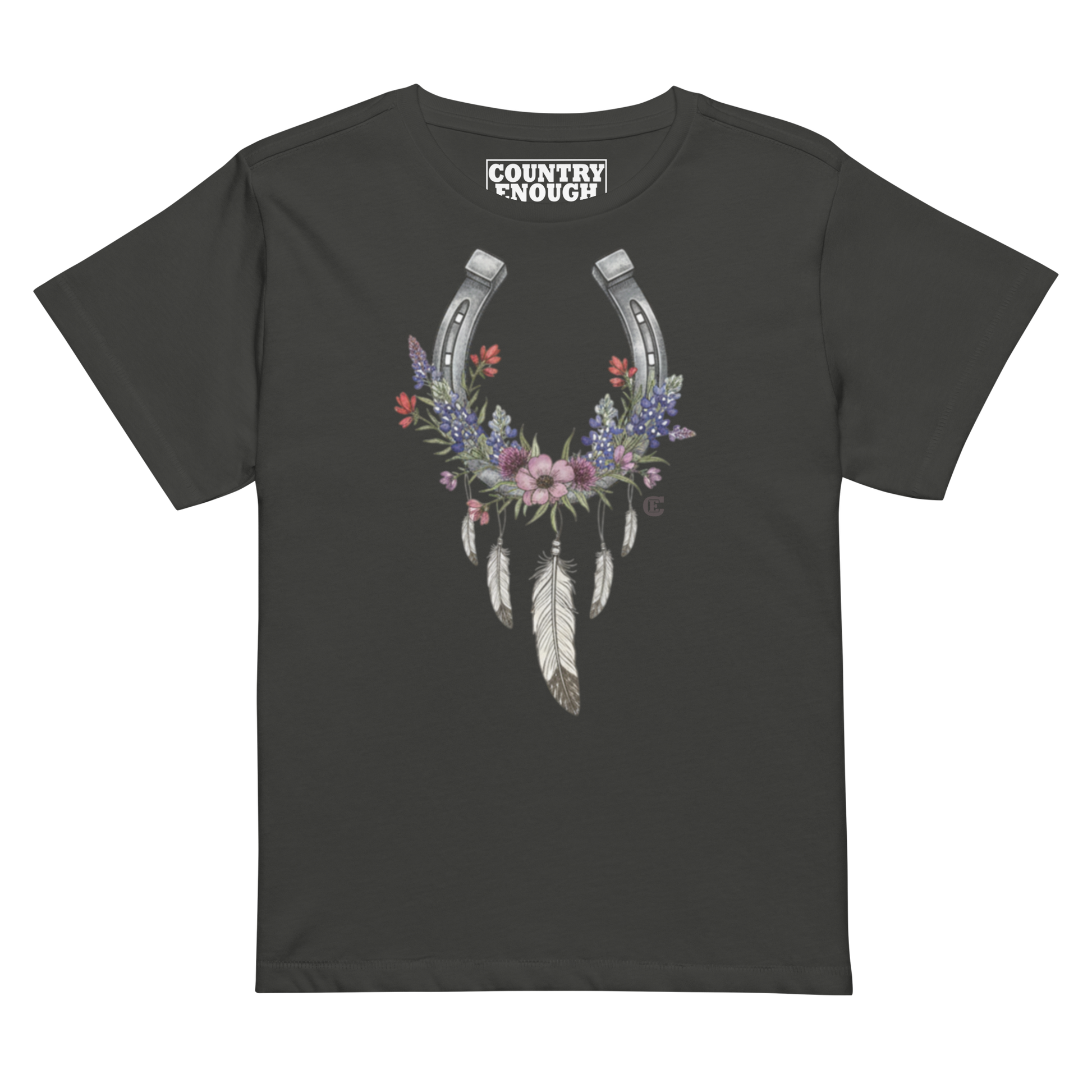 Women's high waist t-shirt with horseshoe, feathers, flower, and country enough text graphic #vintageblack