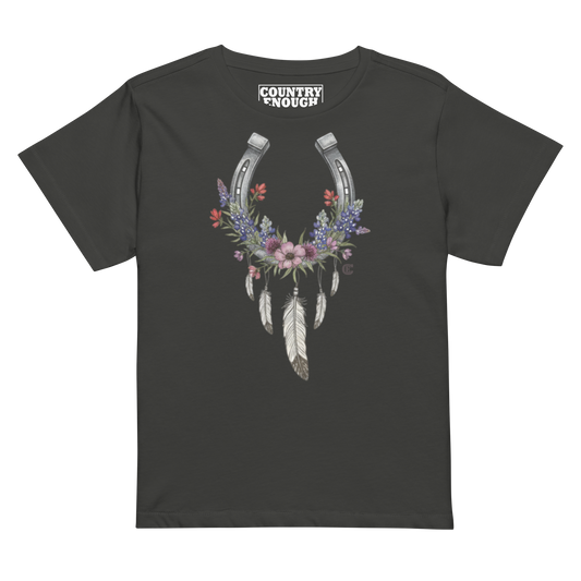 Women's high waist t-shirt with horseshoe, feathers, flower, and country enough text graphic #vintageblack