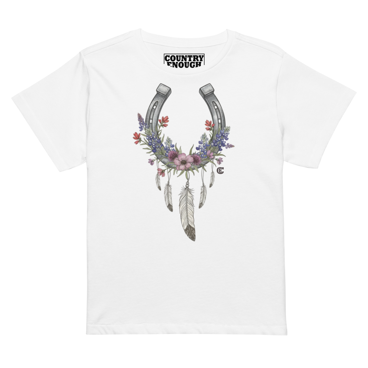 Women's high waist t-shirt with horseshoe, feathers, flower, and country enough text graphic #white